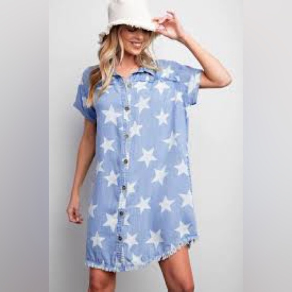 Star-Print Chambray Shirt Dress - Blue - Picture 2 of 16